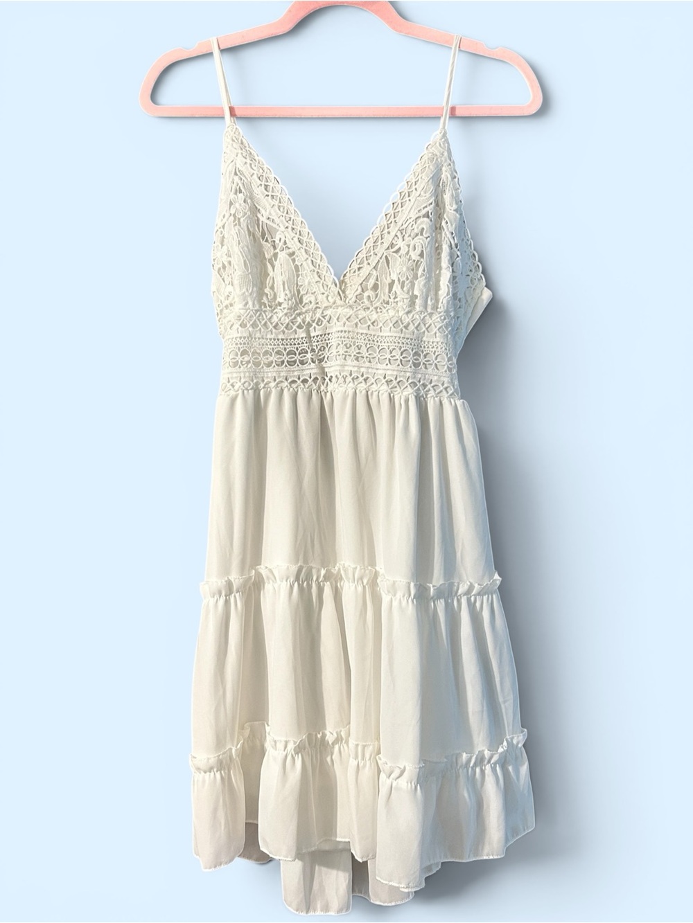 White Lace-Trim Mini Dress with Spaghetti Straps - Picture 2 of 5